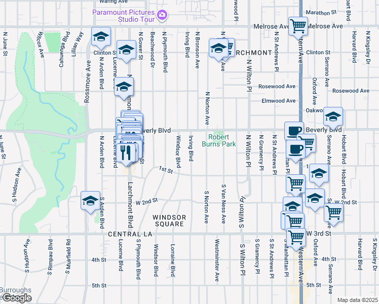 map of restaurants, bars, coffee shops, grocery stores, and more near 133n North Irving Boulevard in Los Angeles