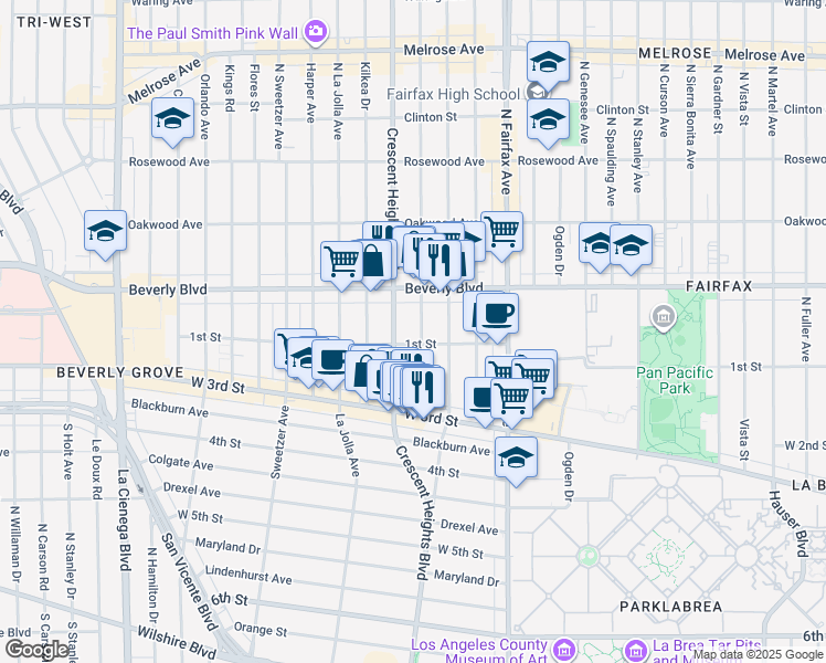 map of restaurants, bars, coffee shops, grocery stores, and more near 105 South Laurel Avenue in Los Angeles