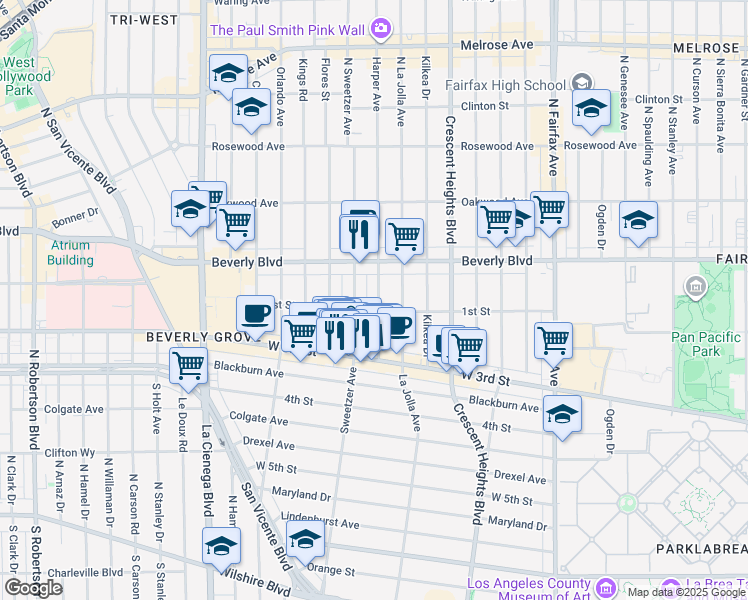 map of restaurants, bars, coffee shops, grocery stores, and more near 107 South Harper Avenue in Los Angeles