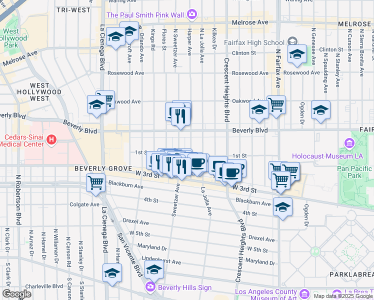 map of restaurants, bars, coffee shops, grocery stores, and more near 107 South Harper Avenue in Los Angeles