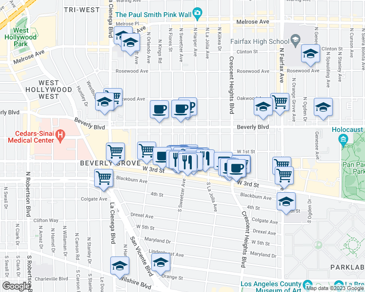 map of restaurants, bars, coffee shops, grocery stores, and more near 107 South Harper Avenue in Los Angeles