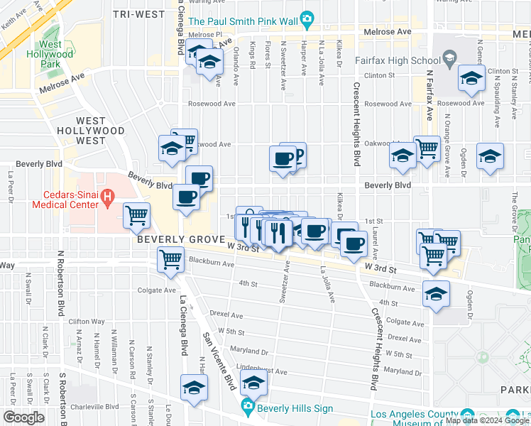 map of restaurants, bars, coffee shops, grocery stores, and more near 112 South Flores Street in Los Angeles