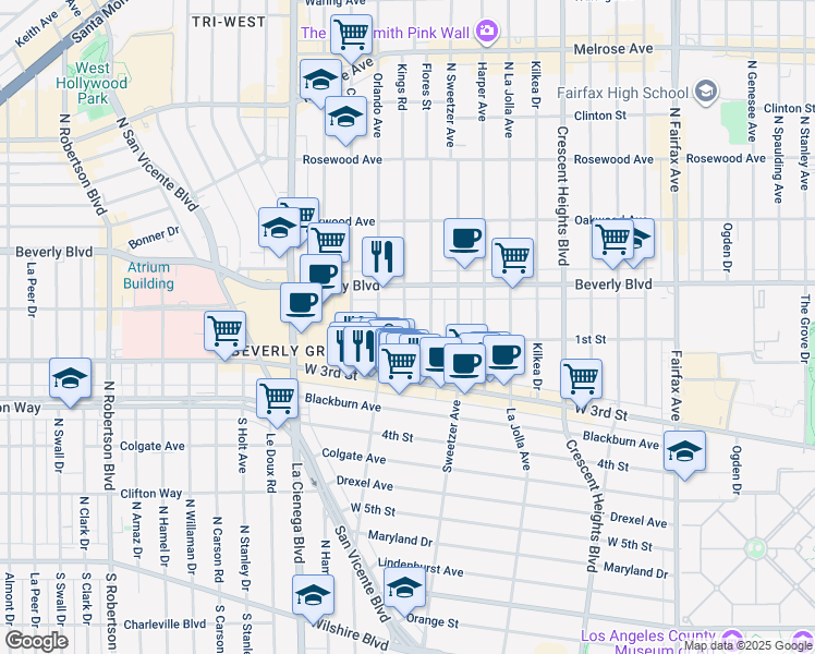 map of restaurants, bars, coffee shops, grocery stores, and more near in West Hollywood