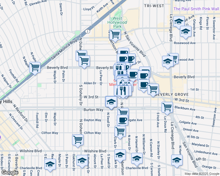 map of restaurants, bars, coffee shops, grocery stores, and more near 135 South Swall Drive in Los Angeles