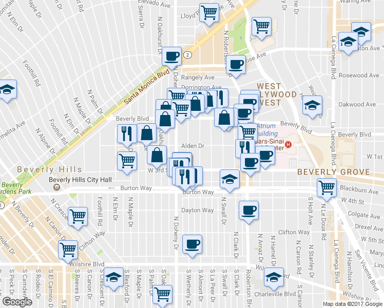 map of restaurants, bars, coffee shops, grocery stores, and more near in Los Angeles