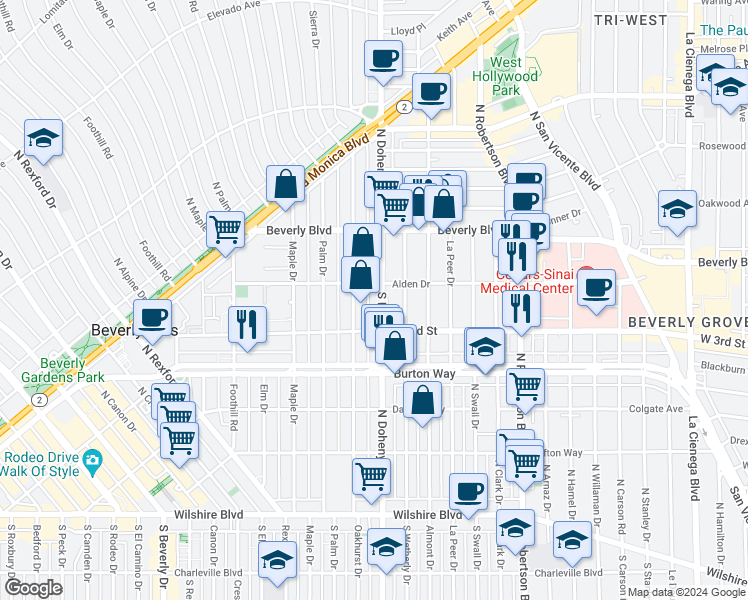 map of restaurants, bars, coffee shops, grocery stores, and more near 336 North Oakhurst Drive in Beverly Hills