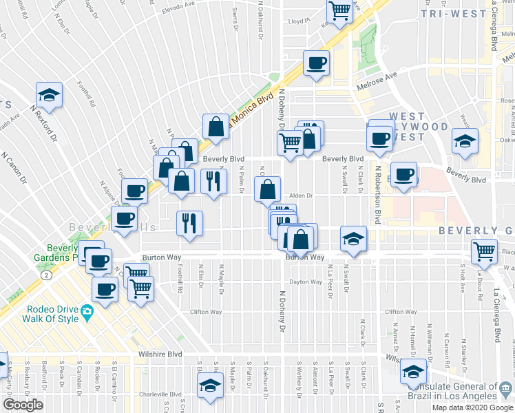 map of restaurants, bars, coffee shops, grocery stores, and more near 332 North Palm Drive in Beverly Hills