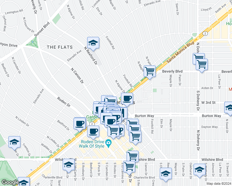 map of restaurants, bars, coffee shops, grocery stores, and more near in Beverly Hills