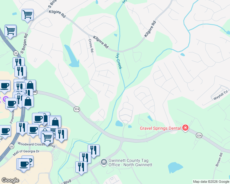 map of restaurants, bars, coffee shops, grocery stores, and more near 2211 Mill Garden Place Northeast in Buford