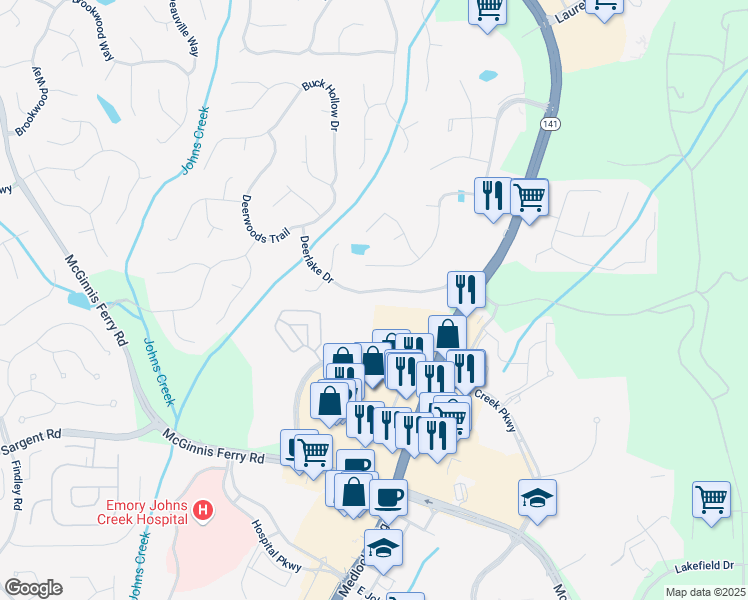 map of restaurants, bars, coffee shops, grocery stores, and more near 5190 Deerlake Drive in Alpharetta