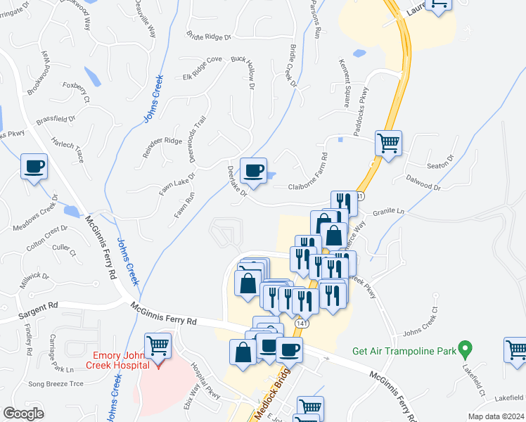 map of restaurants, bars, coffee shops, grocery stores, and more near 4245 Johns Creek Parkway in Suwanee