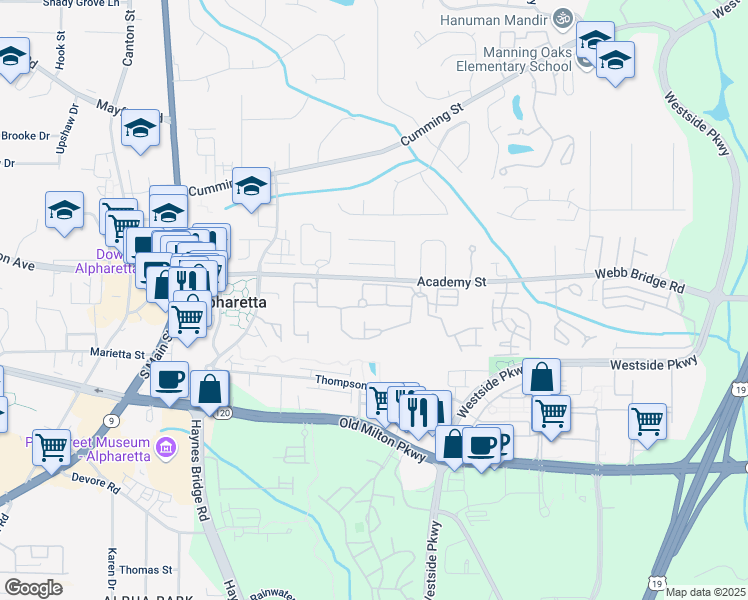 map of restaurants, bars, coffee shops, grocery stores, and more near 12285 Dancliff Trce in Alpharetta
