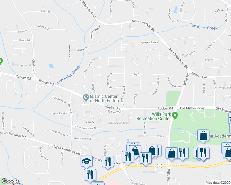 map of restaurants, bars, coffee shops, grocery stores, and more near 135 Greenmont Downs Trace in Alpharetta