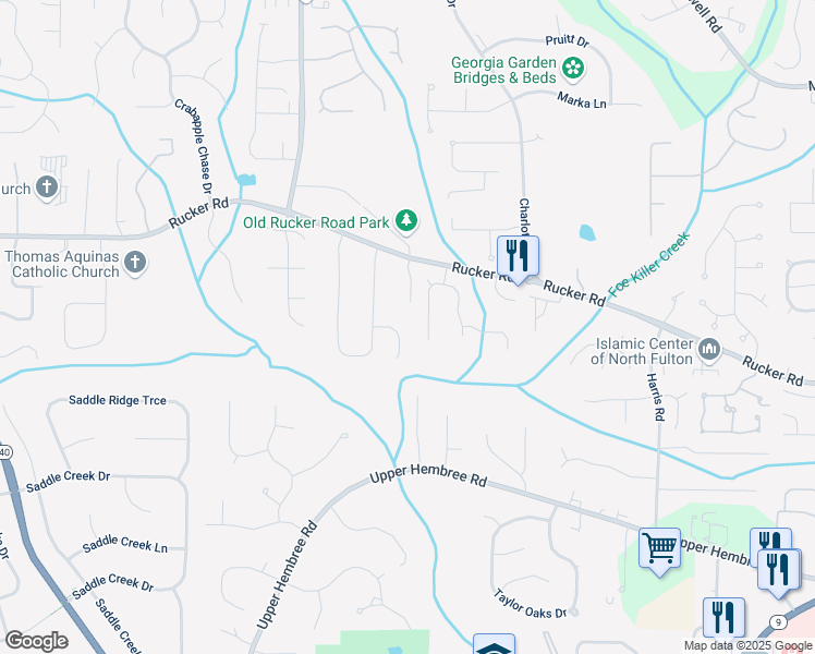 map of restaurants, bars, coffee shops, grocery stores, and more near 120 North Bluff in Alpharetta