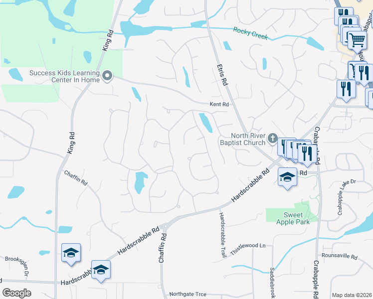 map of restaurants, bars, coffee shops, grocery stores, and more near 620 Estate Club Circle in Roswell