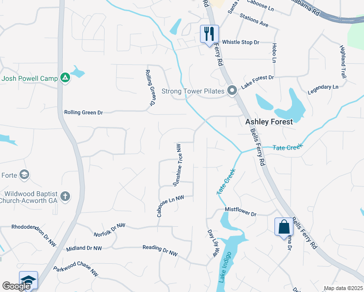 map of restaurants, bars, coffee shops, grocery stores, and more near 1045 Summer Hill Court in Acworth