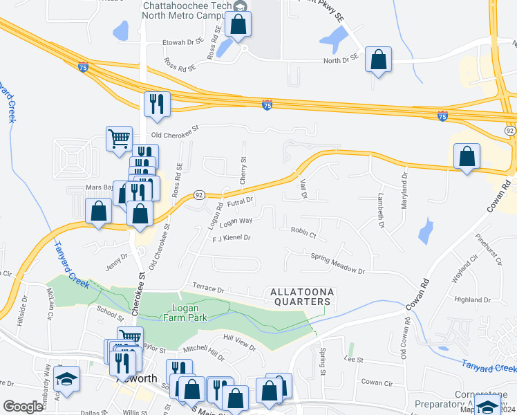 map of restaurants, bars, coffee shops, grocery stores, and more near 4454 Logan Way in Acworth