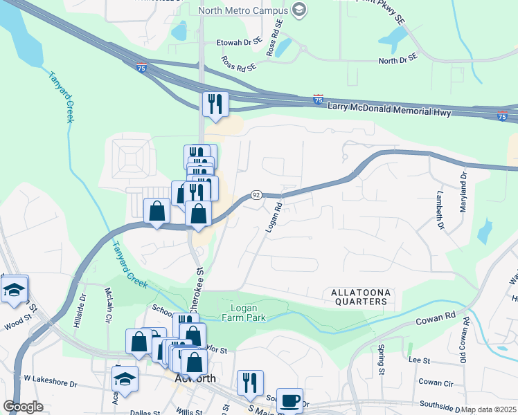 map of restaurants, bars, coffee shops, grocery stores, and more near 4316 Brandy Ann Court in Acworth