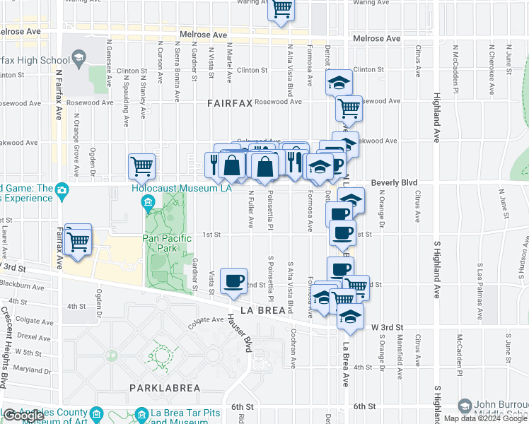 map of restaurants, bars, coffee shops, grocery stores, and more near 137 North Poinsettia Place in Los Angeles