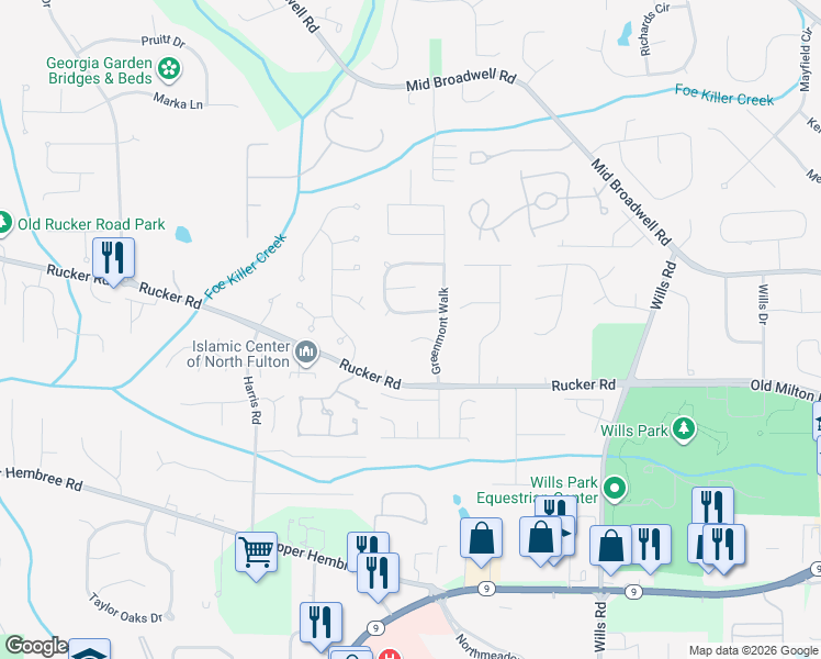 map of restaurants, bars, coffee shops, grocery stores, and more near 135 Greenmont Downs Trace in Alpharetta