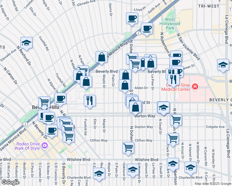 map of restaurants, bars, coffee shops, grocery stores, and more near 344 North Palm Drive in Beverly Hills
