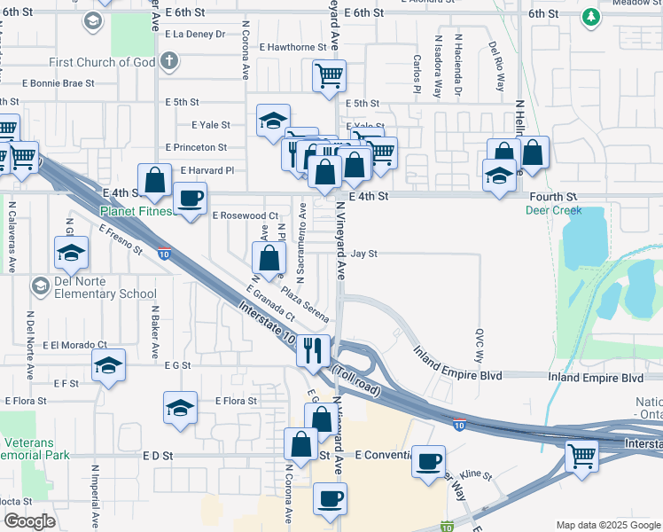 map of restaurants, bars, coffee shops, grocery stores, and more near 911 North Vineyard Avenue in Ontario