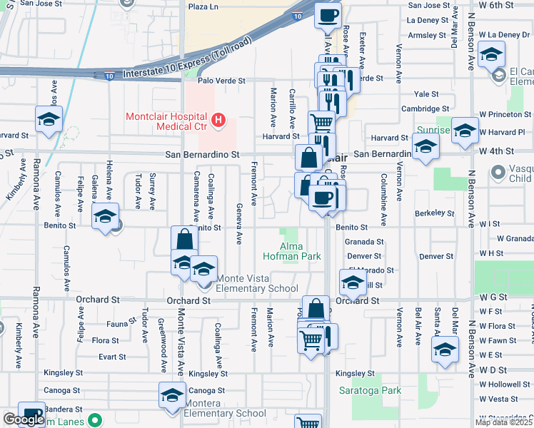 map of restaurants, bars, coffee shops, grocery stores, and more near 9853 Sun Valley Drive in Montclair