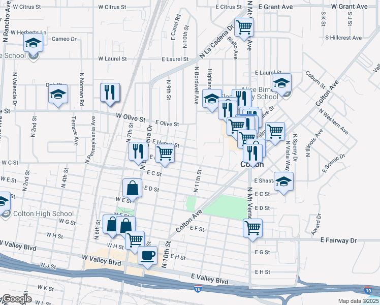 map of restaurants, bars, coffee shops, grocery stores, and more near 320 East Hanna Street in Colton