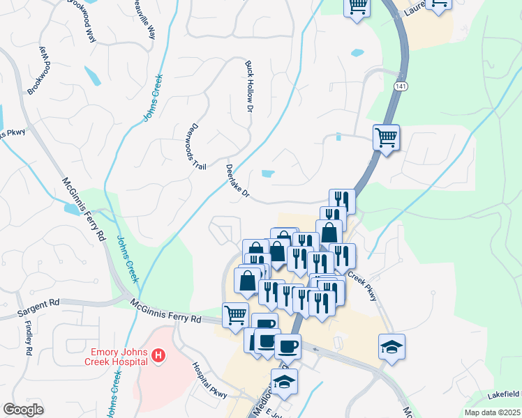 map of restaurants, bars, coffee shops, grocery stores, and more near 4245 Johns Creek Parkway in Suwanee