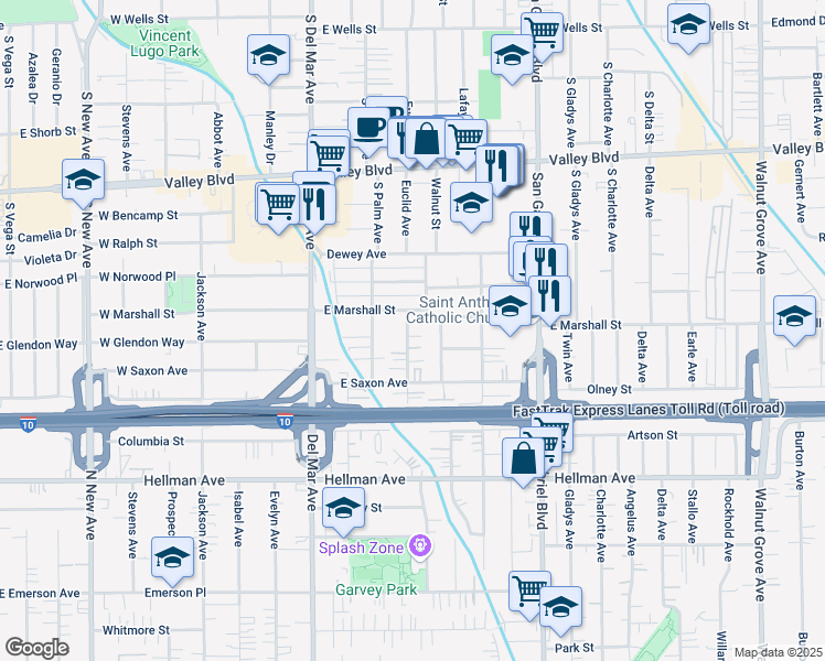 map of restaurants, bars, coffee shops, grocery stores, and more near 1918 Denton Avenue in San Gabriel