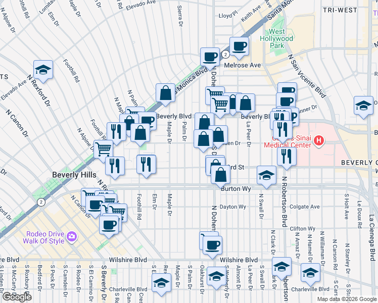 map of restaurants, bars, coffee shops, grocery stores, and more near 344 North Palm Drive in Beverly Hills