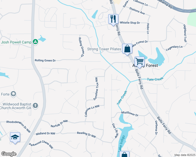 map of restaurants, bars, coffee shops, grocery stores, and more near 1045 Summer Hill Court in Acworth