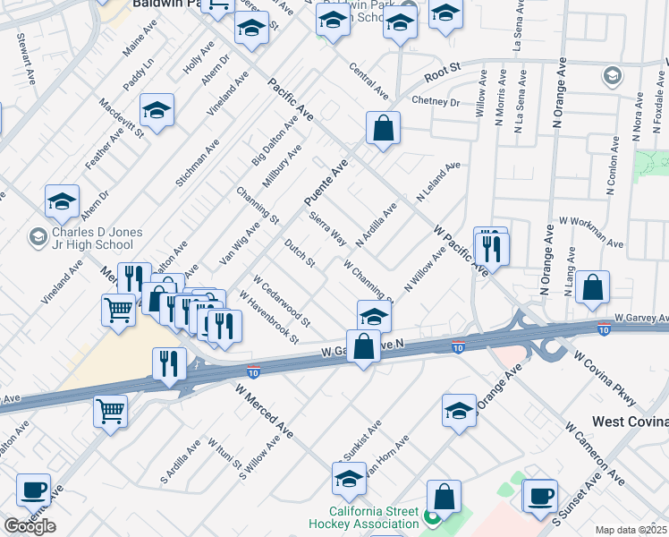 map of restaurants, bars, coffee shops, grocery stores, and more near 3448 Ardilla Ave in Baldwin Park