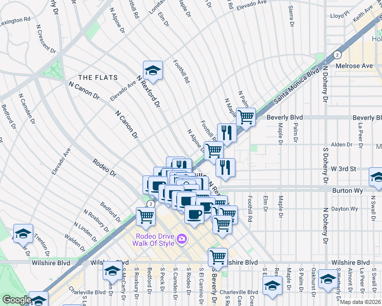 map of restaurants, bars, coffee shops, grocery stores, and more near in Beverly Hills