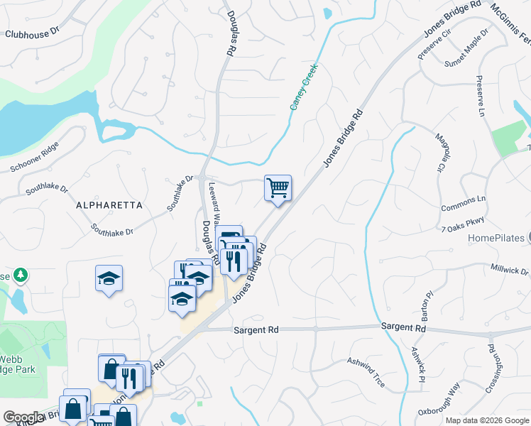 map of restaurants, bars, coffee shops, grocery stores, and more near 11820 Leeward Walk Circle in Alpharetta