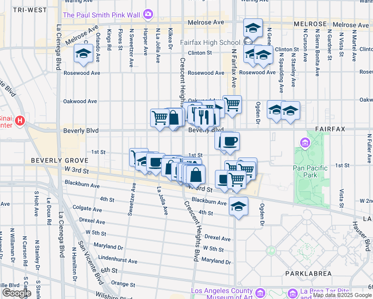 map of restaurants, bars, coffee shops, grocery stores, and more near 108 North Crescent Heights Boulevard in West Hollywood