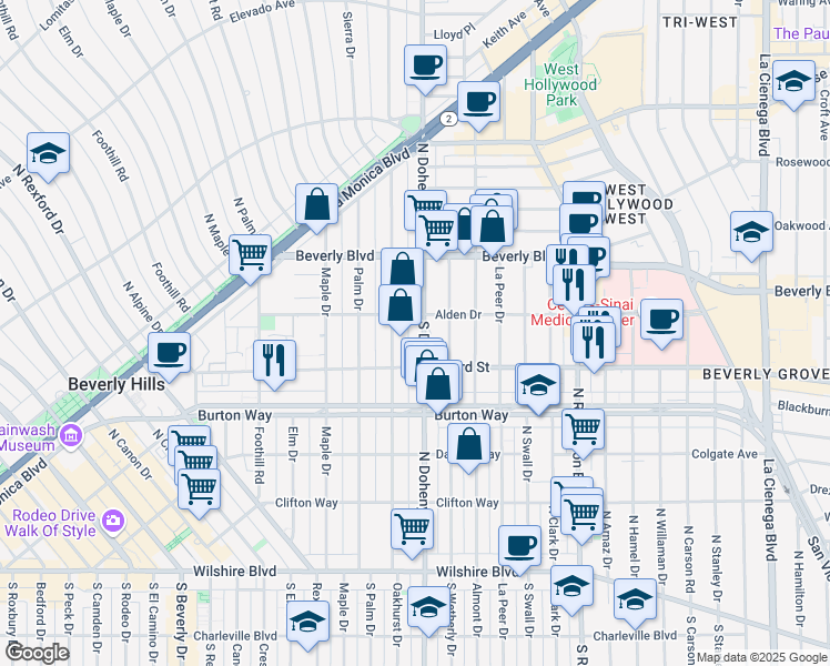map of restaurants, bars, coffee shops, grocery stores, and more near 117 South Doheny Drive in Los Angeles