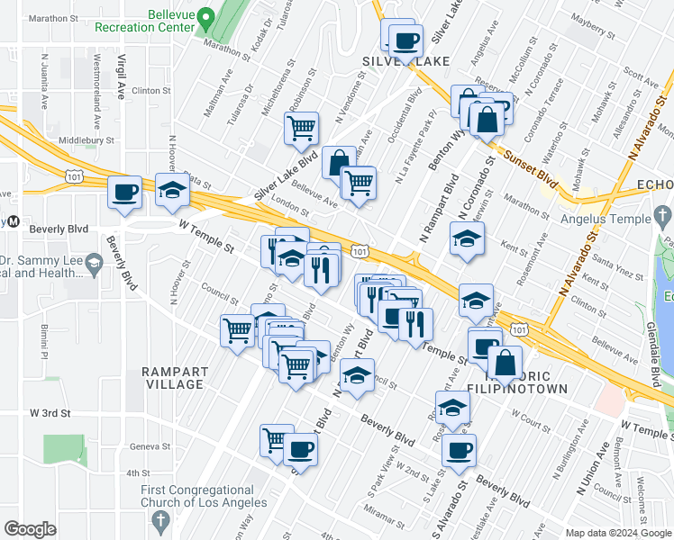 map of restaurants, bars, coffee shops, grocery stores, and more near 319 North La Fayette Park Place in Los Angeles