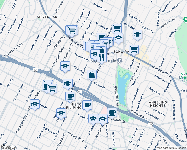 map of restaurants, bars, coffee shops, grocery stores, and more near 707 North Alvarado Street in Los Angeles