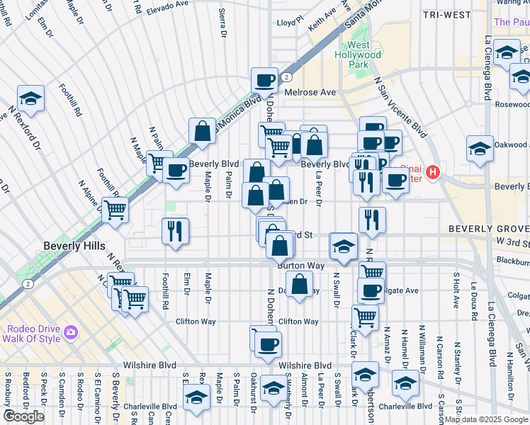 map of restaurants, bars, coffee shops, grocery stores, and more near 336 North Oakhurst Drive in Beverly Hills