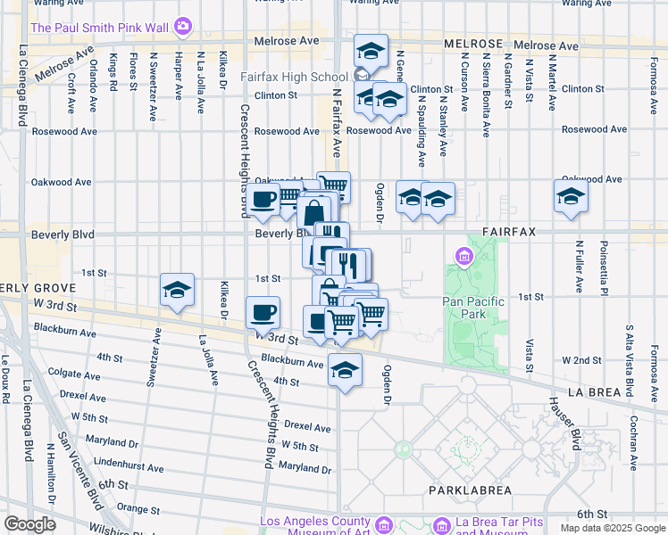 map of restaurants, bars, coffee shops, grocery stores, and more near 104 South Hayworth Avenue in West Hollywood