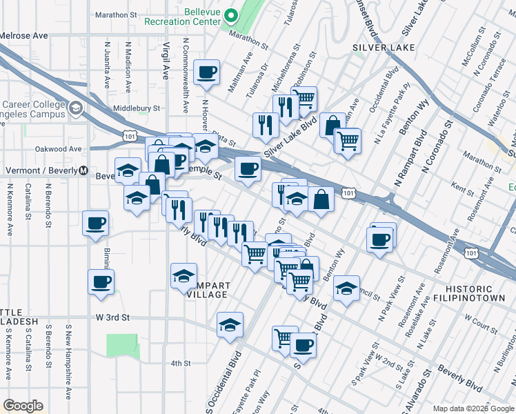 map of restaurants, bars, coffee shops, grocery stores, and more near 242 North Dillon Street in Los Angeles
