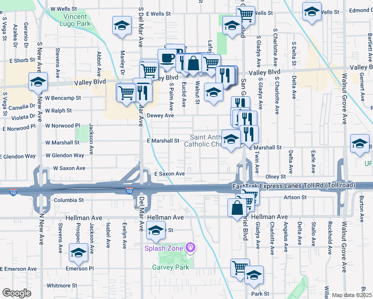 map of restaurants, bars, coffee shops, grocery stores, and more near 1918 Denton Avenue in San Gabriel