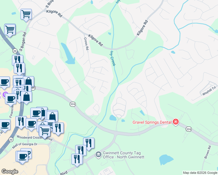 map of restaurants, bars, coffee shops, grocery stores, and more near 2211 Mill Garden Place Northeast in Buford