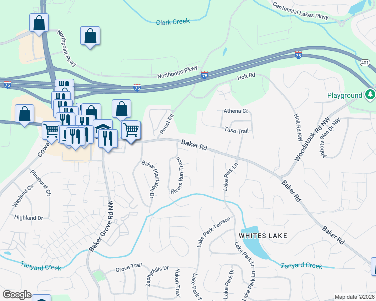 map of restaurants, bars, coffee shops, grocery stores, and more near 3766 Laurel Green Way in Acworth