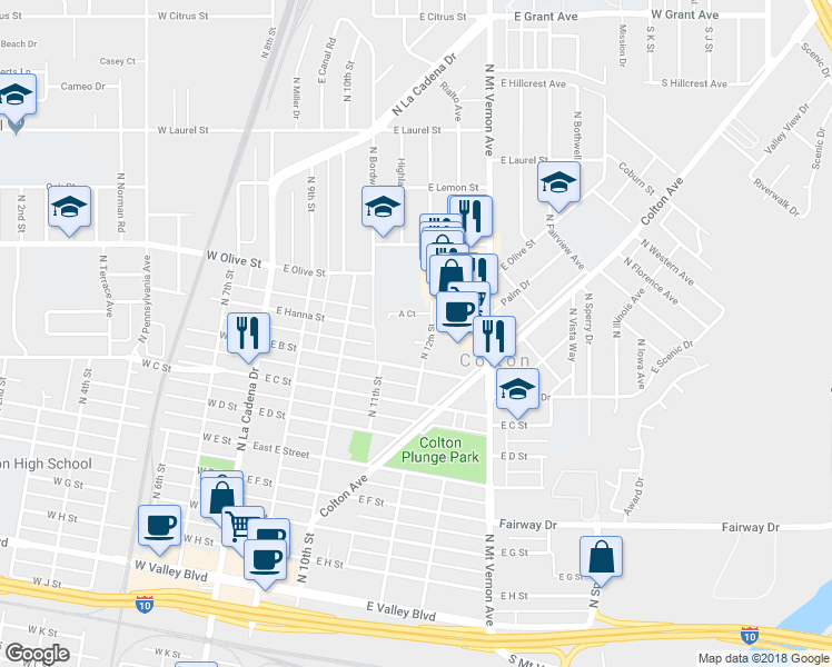map of restaurants, bars, coffee shops, grocery stores, and more near 475 East Armory Court in Colton
