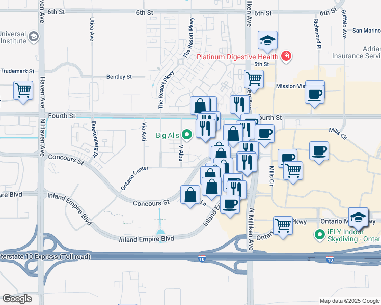 map of restaurants, bars, coffee shops, grocery stores, and more near 4102 East Axis Privado in Ontario