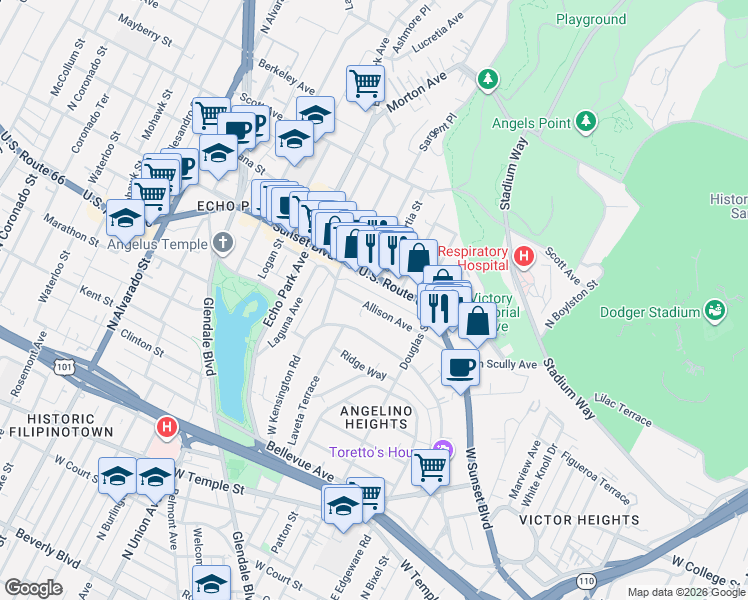 map of restaurants, bars, coffee shops, grocery stores, and more near 1440 Allison Avenue in Los Angeles