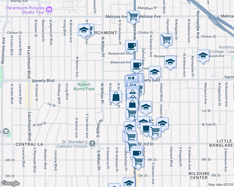 map of restaurants, bars, coffee shops, grocery stores, and more near 132 North Saint Andrews Place in Los Angeles