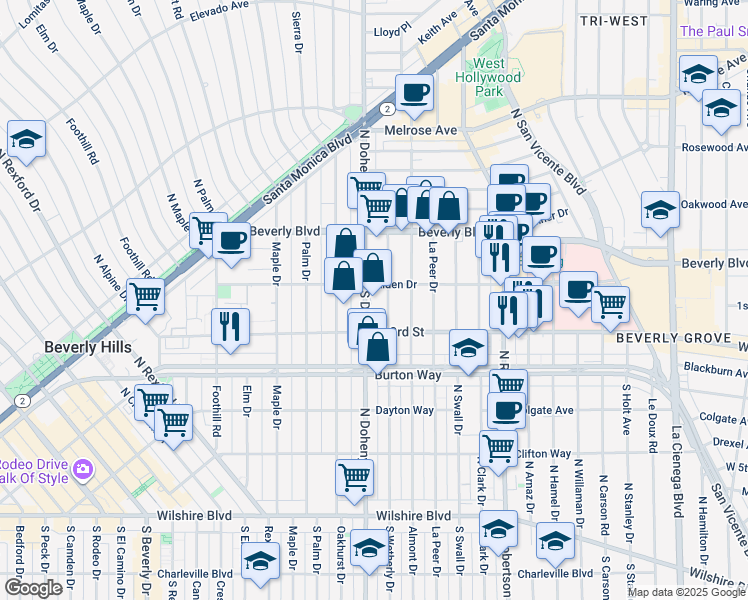 map of restaurants, bars, coffee shops, grocery stores, and more near 100 South Doheny Drive in Los Angeles